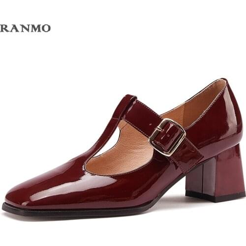 2021 new fashion spring Square Heel Pumps High Quality Genuine Leather Square Toe Pumps Comfortable Handmade Shallow Women Shoes