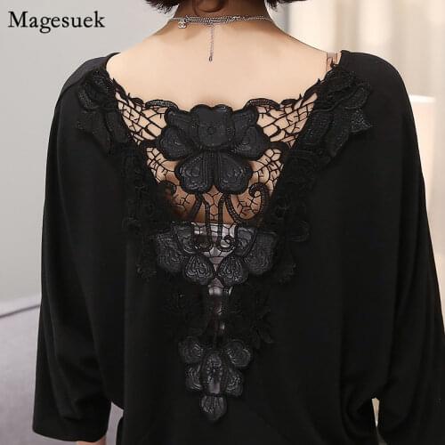 Plus Size Summer Sexy Hollow Out Womens Tshirt Female Backless Lace T-shirts for Women Blouse Tops Black Loose Tee Shirt 15122