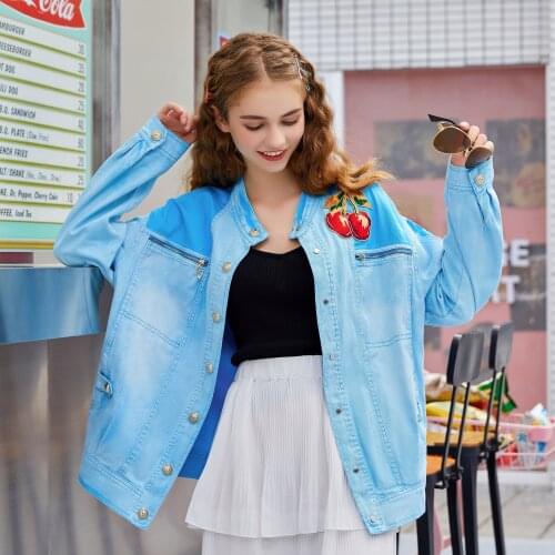 Womens Denim Jackets Cherry Embroidery Loose Coats Blue BF Fall Jacket Female Streetwear Overcoats Outerwear C004