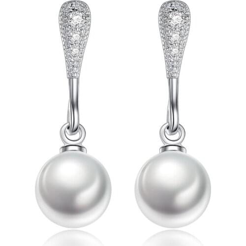 100% 925 sterling silver fashion shiny crystal pearl ladies' drop earrings wholesale women jewelry wedding gift