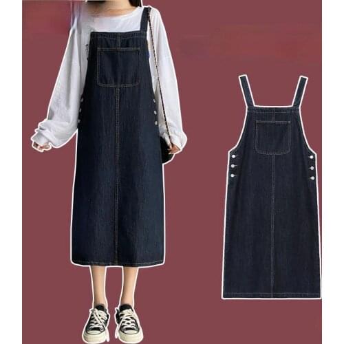 Dress Women Denim Vintage Pockets Mid-Calf Casual Straight Solid Summer Dresses Young Style Fashionable Trendy All-match Vestido