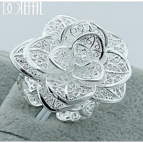 DOTEFFIL 925 Sterling Silver Rose Flower Open Ring Hollow Out Design Ring For Women Wedding Engagement Party Jewelry