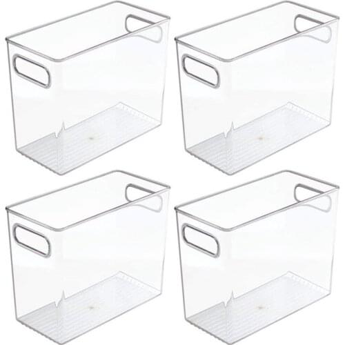 4 Pack Tall Plastic Kitchen Pantry Cabinet, Refrigerator or Freezer Food Storage Bin with Handles - Organizer for Fruit