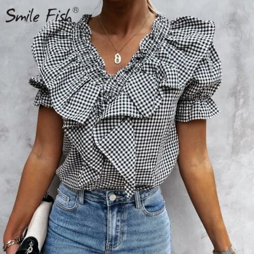 Kawaii Plaid Striped Women Blouses Off Shoulder Tops Ruffles Beach Summer Shirts 2021 Sweet Blusas Femininos Streetwear G2661