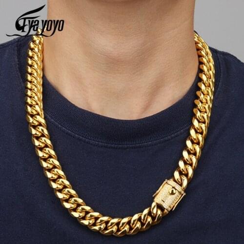 316L Steel Cuban Chains Necklaces CZ Zircon Box Lock Big Miami Heavy Gold Chain for Cuban Curb Link Chain Men Women Necklace