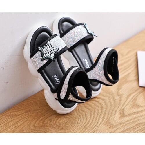 Girls Kids Beach Sandals Summer Star Sequins Princess Kids Sports Shoes Bling Sequins Open Toe Children Beach Sandals Toddler