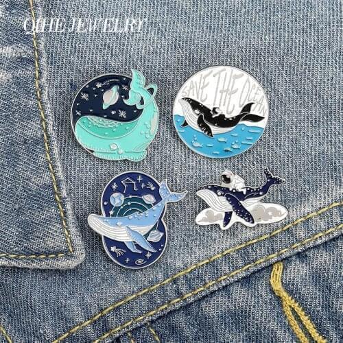 Interstellar Whale Enamel Lapel Pins SAVE OCEAN Cute Animals Brooches Badges Fashion Pins Space Lover Jewelry Wholesale