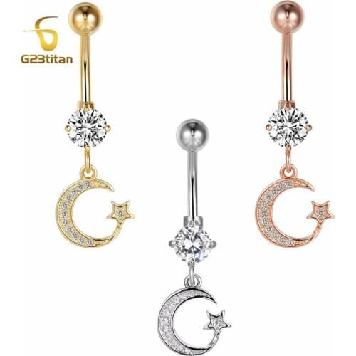 G23Titan Star Moon Crystal Pendant Belly Button Ring 16G Titanium Rod Body Piercing Jewelry for Ladies Beach Body Chain