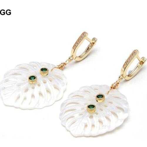 GG Jewelry Natural White Shell Carven Leafage Heart Shape Green Crystal Pave Cz Hook Earrings For Women Fashion Jewelry