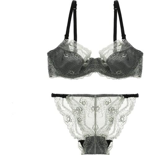 Womens Sexy Lingerie Set Underwear Bra And Panties Lace Temptation 2 Piece Push Up Back Closure Three Quarters Bralette Briefs
