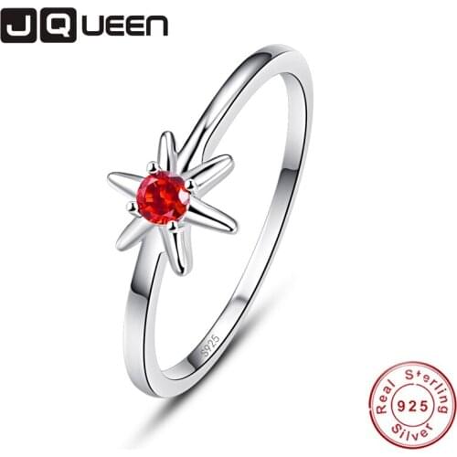 JQUEEN New Arrival 925 Sterling Silver Hexagonal star Finger Ring Simple style Charm Red Stone Cubic Zirconia Rings for Woman