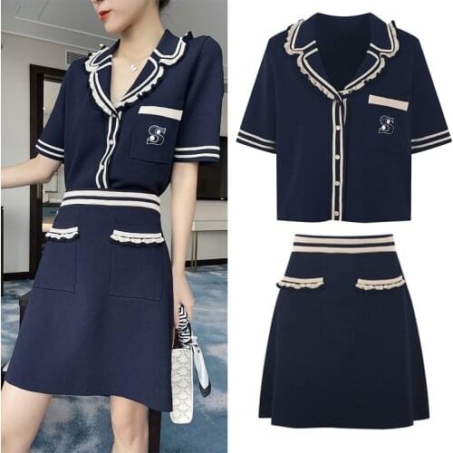 Top Quanlity 2 Pieces Set Autumn Women Short Sleeve Cardigan Ruched Hem Sweater Knitted +a Line Mini Skirt