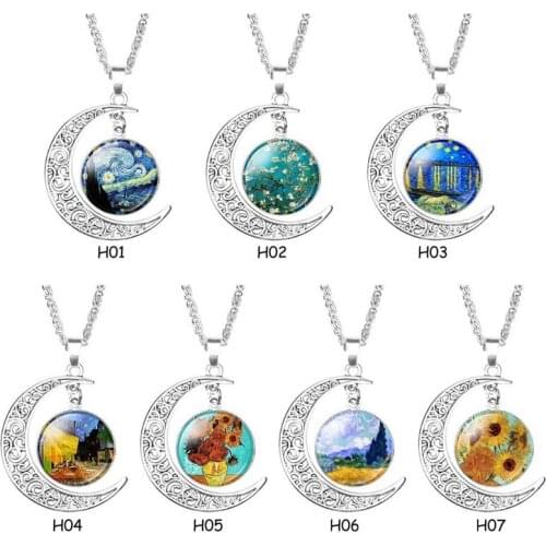 Van Gogh Half Moon Necklace Starry Night Pendant Vincent Van Gogh Art Handmade Jewelry
