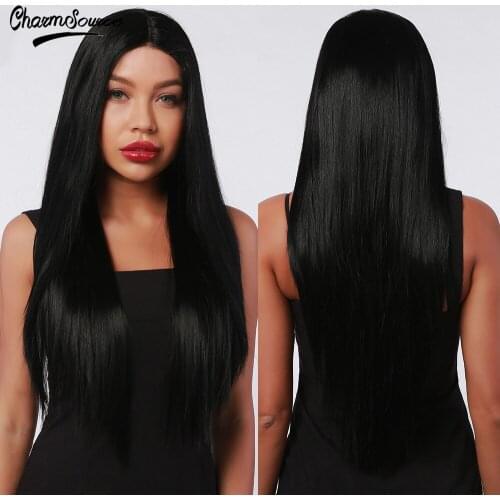 CharmSource Long Straight Black Lace Part Synthetic Wigs for Black and White Women Daily Hair High Density Heat Resistant Wig