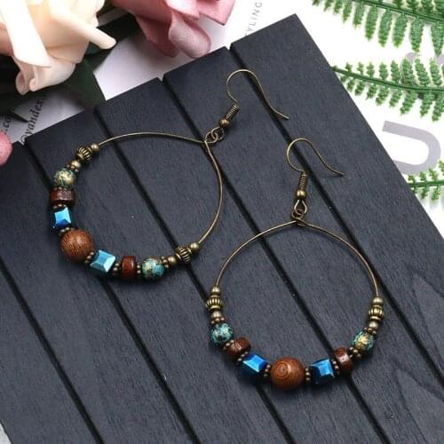 HOT Bohemian Vintage Style Colorful Crystal Hoop Earrings for Women Creative Hollow Wooden Beads Crystal Big Earring