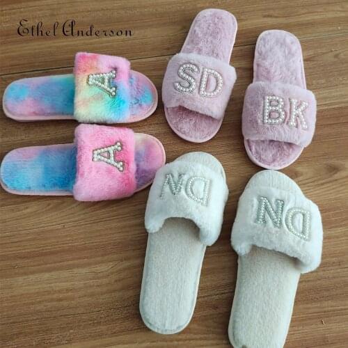 Custom Name Slippers Number Crystal Letters Personalized Colors Charm A to Z Pearl Womens Faux Fur Slides Rhinestone Jewelry