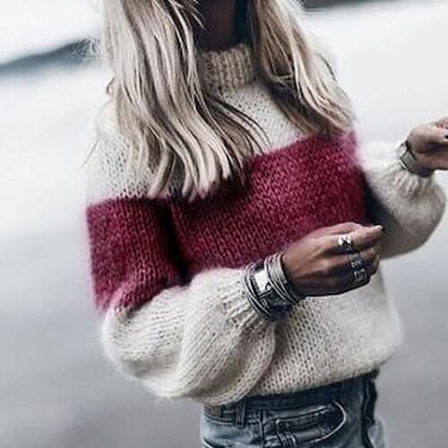 Casual Women Thin Autumn Winter O Neck Color Block Patchwork Loose Knitted Sweater Polyester Womens Clothing свитера женские