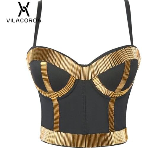 Tube Top Spaghetti Strap Women Camis Metal Splicing Sling Stage Slim Corset Crop Top Black High Street Nightclub Female Top Vest