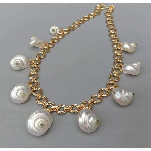 YYGEM Natural White spiral sea shell drop Gold Plated Chain Charm choker Necklace 23"