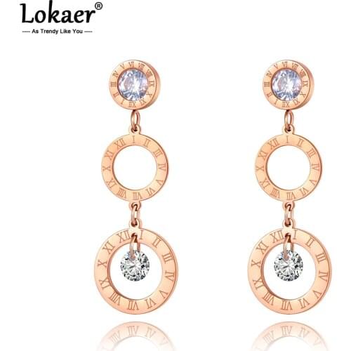 Lokaer Fashion Cubic Zirconia Round Roma Number Stainless Steel Earrings Charming High Quality Jewelry For Women Girls E20291