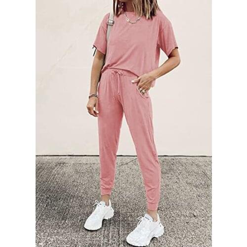 2021 Summer New 2 Pieces Suit Set Female Solid Color Round Collar Short Sleeve T-Shirt+ High Waist Trousers S/M/L/XL/XXL/XXXL