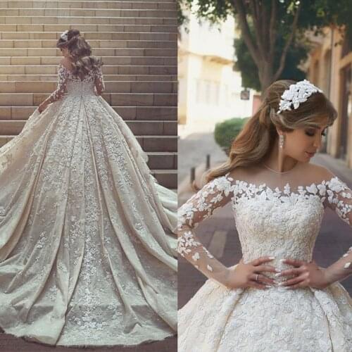 2019 Winter New Womens Dress Gorgeous Appliques Bridal Gowns With Train Elegant Full Sleeves Floor-Length Formal Party Dresses