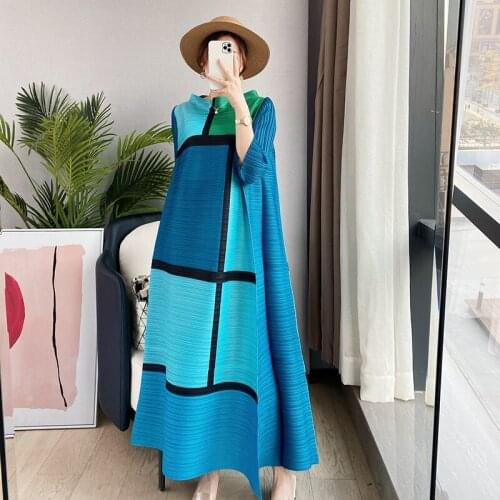 Geometric Print Miyak Pleated A-Line Irregular Long Dress for Women Plus Size Loose Casual Big Pendulum Dresses Fashion Female