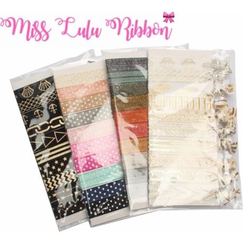 1.5cm*9.5cm Hair Tie Set Gold Foil Ink Printing Metallic Stripe&Arrow Pattern Printed Elastic Ribbon Knotted Ponytail 2pcs/pack