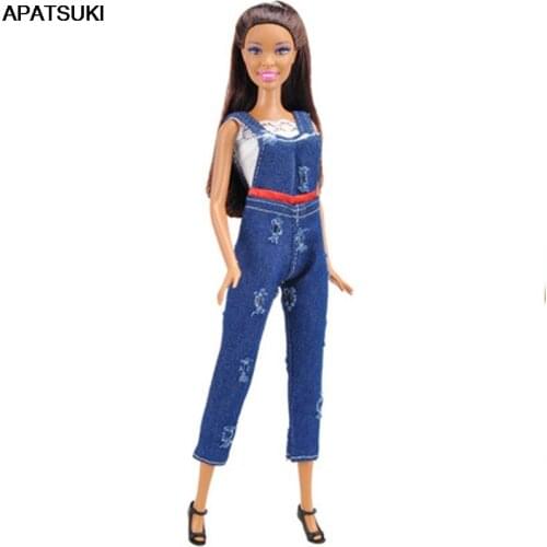 1Set Fashion Outfits For Barbie Doll 1/6 White Short Lace Top & Jeans Pants Suspender Handmade Clothes For Barbie Dollhouse