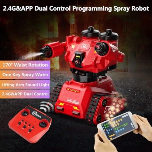 2.4G&APP Dual Control Programming Firefighting RC Robot One Key Spray Water 170° Waist Rotation Lifting Arm Sound Light RC Toys