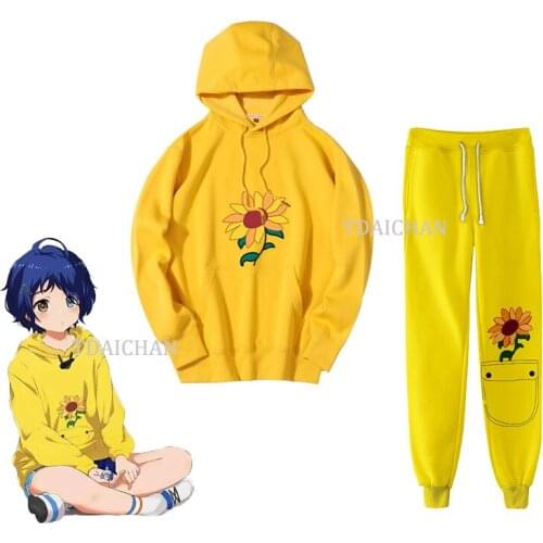 2021Wonder Egg Priority Ohto Ai Kawaii Hoodie Yellow Sun Flower Pocket Fashion Casual Loose Sweatshirts Sweatpants Cute Print