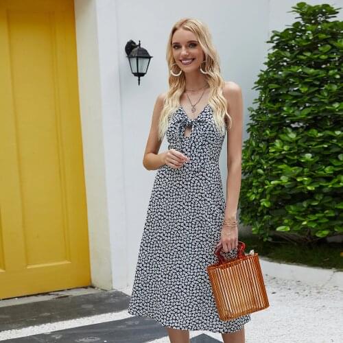 2021 Summer Sling Print Bow Dress Long Dress Spaghetti Strap Blue Long Dress Casual Womens Dress YY120