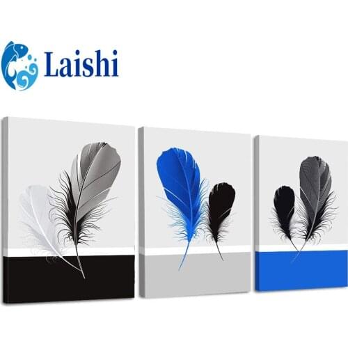 3pcs Black and white blue feathers Diamond Painting Cross Ctitch Diamond art crystal Mosaic Embroidery Painting New Year Gift