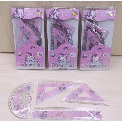 4 pcs/set Cute unicorn animal Straight Ruler Protractor Students Math Geometry Plastic Triangle Rulers Set kids Stationery gift