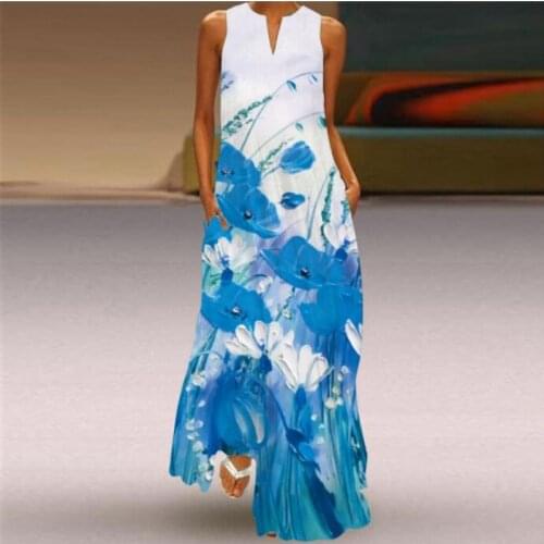 Large Size 3D Flower Printed Sleeveless Elegant Maxi Dress Women Summer Beach Dress V Neck Casual Plus Size Vestidos Dresses