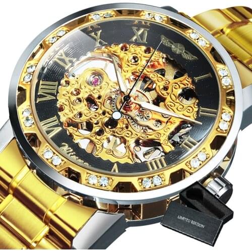 Gentleman Winner Transparent Diamond Mechanical Watch Skeleton Wrist Watch for Men Top Brand Luxury Watches Male Royal Gift