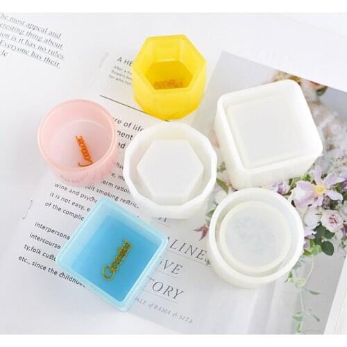 Storage Box Mould Resin Crystal Epoxy Flower Pot Fleshy Geometric Hexagon Round Square Jewelry Box Silicone Mould Combination