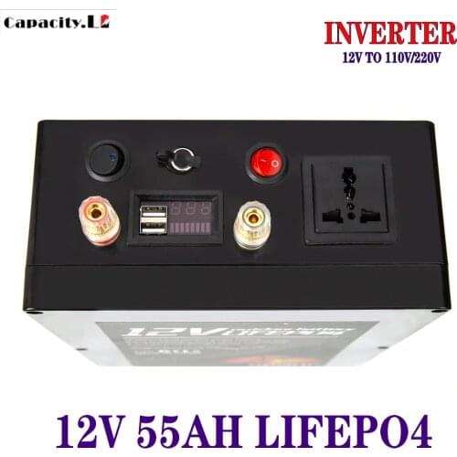 12v 55ah lifepo4 Inverter battery pack Lithium iron Rechargeable with bms 12V to 110V/220 350W for outdoor Camping