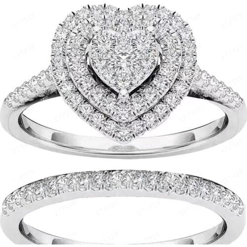 2021 new fashion full diamond heart-shaped peach heart two-piece engagement ring fashion temperament ladies birthday ring gift