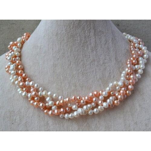 New Favorite Pearl Necklace 4 Rows Choker 6-7mm White Pink Genuine Freshwater Pearl Wedding Party Jewelry Charming Lady Gift