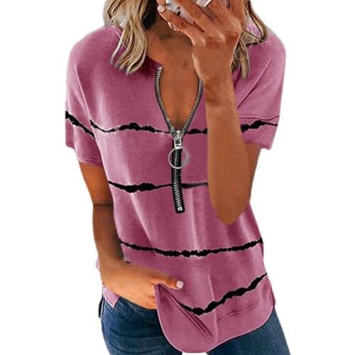 Plus Size Women T-shirt Casual Stripe Print Thin Cool Zipper Up V Neck Loose Female Tee Shirt Top Elegant Office Lady Tshirt