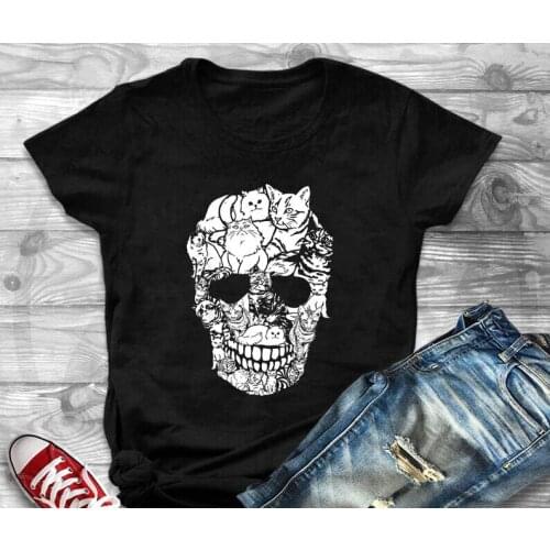 Halloween Skull Kitty Skull Kitty Skeleton Costume Collar Cat 90s 100%Cotton O Neck Kawaii Shirt Short Sleeve Top Tees Girls y2k