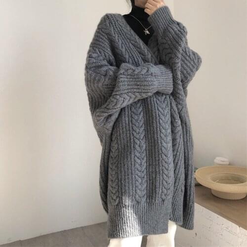 Winter Clothes Women Retro Temperament Solid Color Twist Knit Sweater Fashion Thick Warm Long Cardigan Sweaters