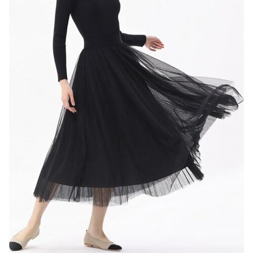 Fall Winter Gothic Black White Long Mesh Skirt Vintage England High Street Elastic Waist Basic Accordion Pleated Skirts