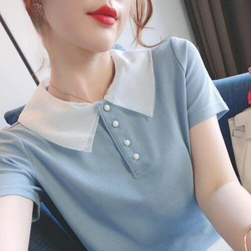 Woman T-shirts Summer New 2021 Fashion Korean Button Female Tees Office Lady Solid Turn-down Collar Short Sleeve Femme Tops