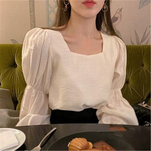 Korean Pleated Blouse Women Solid Square Collar Puff Sleeve Ladies Blusa Shirts Spring 2021 Fashion Casual Female Tops ZY5338