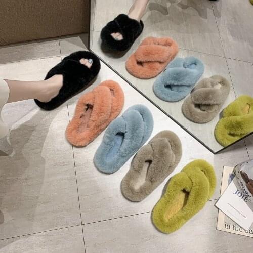 Womens Woolen Slippers 2021 New Autumn and Winter Korean Style Cross Slippers for Womens Home Furry Shoes