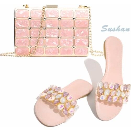 2021Summer Ladies Rhinestone Slippers Large Size Flip Flops Womens Fashion Beach Sandals Shiny Shoes And Chain Square Bags Sets