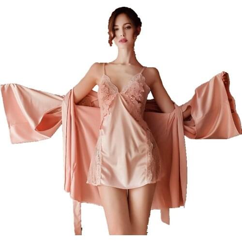 Women Pijamas Dress Silk Robe Lingerie Dress Set Floral Embroidery Sleepwear Sets Bathrobe Night Dress Nightgowns Pink Lace 2Pcs