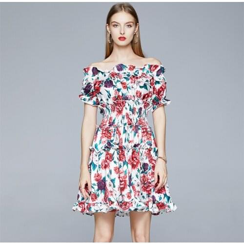 2020 New Summer Women Dress High Quality Runway Gorgeous Rose Flowers Print Sexy Slash Neck Off Shoulder Slim Mini Dress